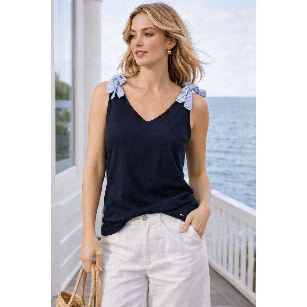 TH Navy Tie Strap Tank Coastal Hamptons Nautical Preppy Chic Summer SZ M